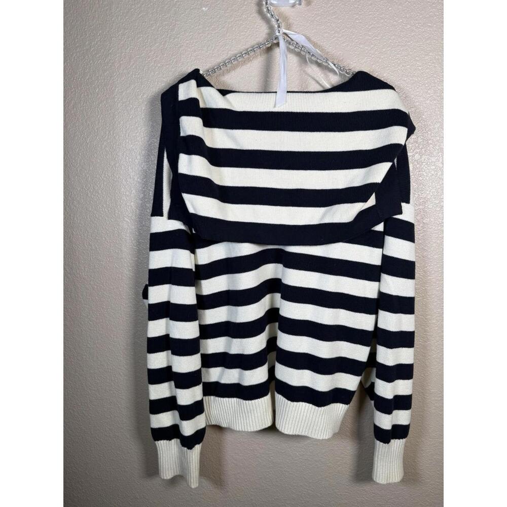 ZARA Women’s Sweater Large Striped Knit Hoodie Navy White Cotton Nautical Pocket - Picture 5 of 7
